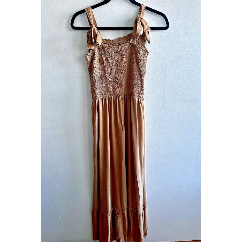 Zesica Maxi Dress L Brown Smocked Tie Strap Ruffle Boho Cottagecore Peasant Soft
